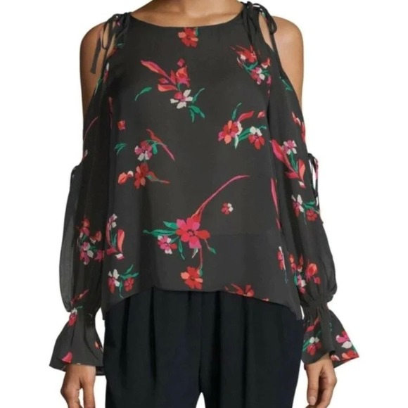 Joie Women's Cold Shoulder Bishop Sleeve Silk Rosa Floral Black Top Medium - Picture 1 of 6